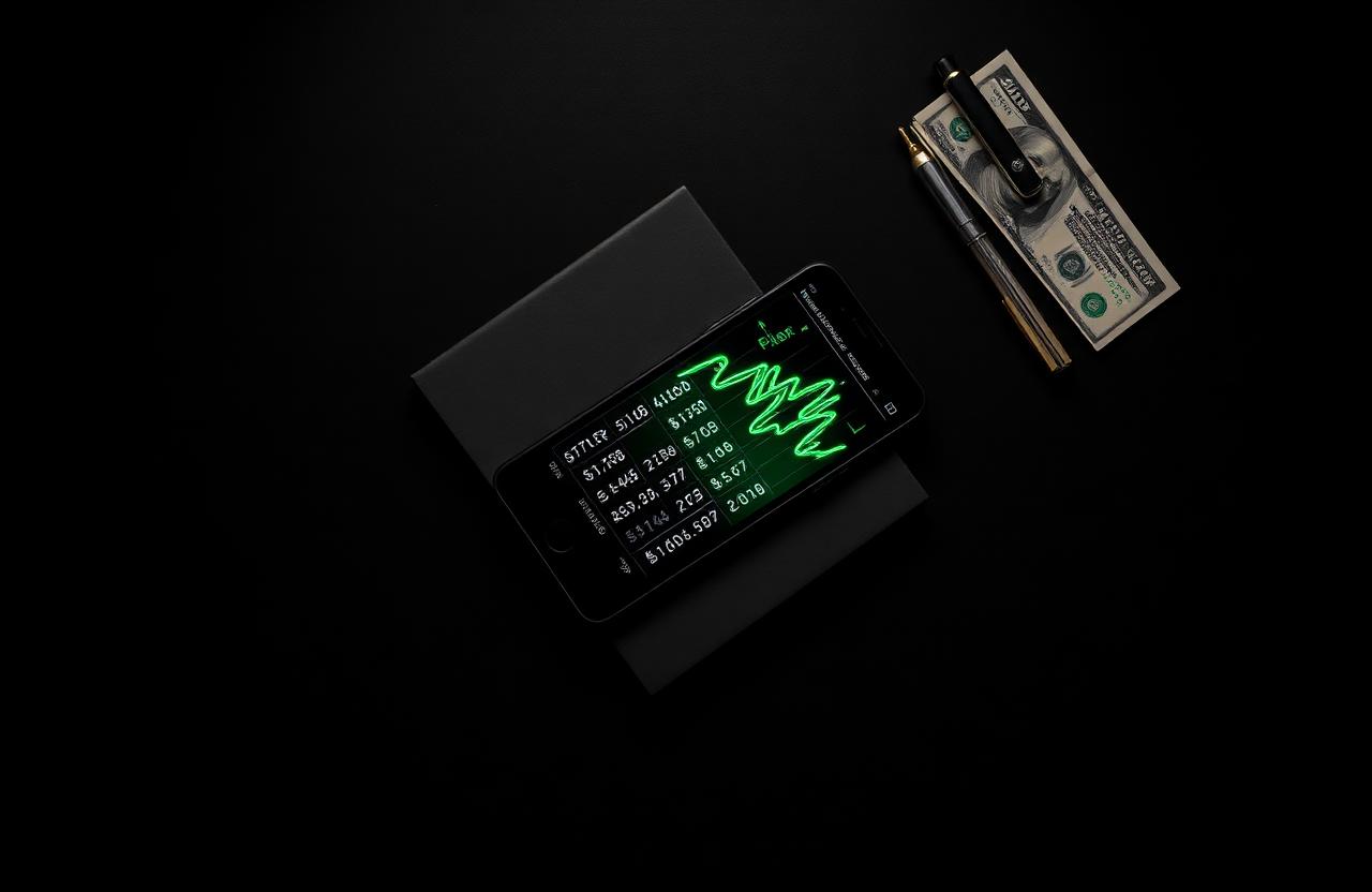 Overhead shot of a smartphone showing a glowing green growth chart on a dark desk